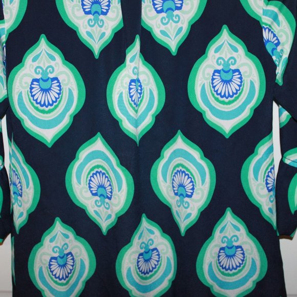 SALE: Crown & Ivy Navy/Turquoise Geometric and Monkey Design Shift Dress Size 4 - Picture 6 of 10